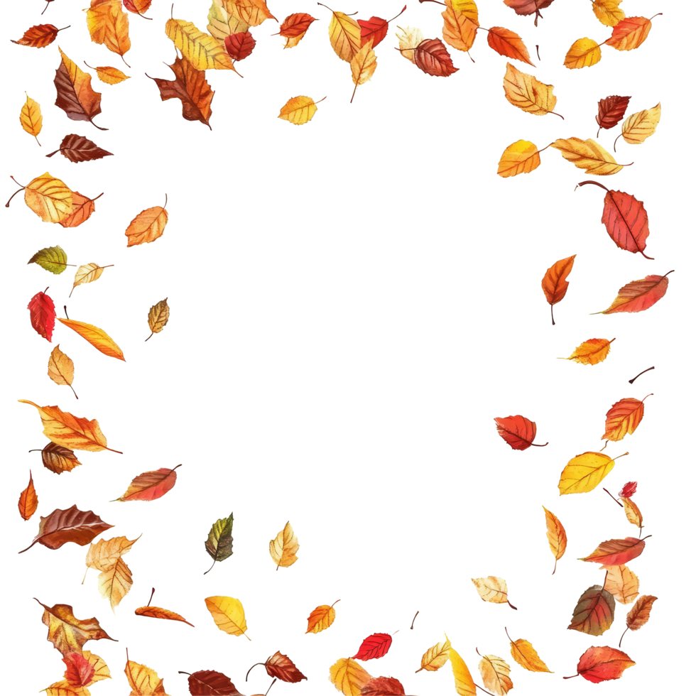 An autumn card featuring a vibrant frame of colorful fall leaves in various shades, Autumn card with a border or frame of colored falling leaves isolated transparent background png