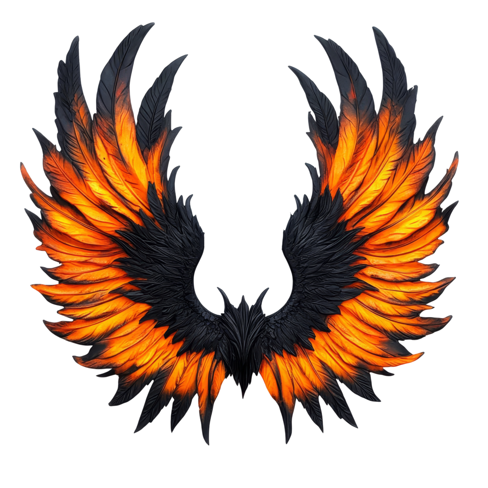 Black and orange demon wings displayed against a transparent backdrop for artistic appreciation, Black and Orange Demon Wings Isolated on transparent background png