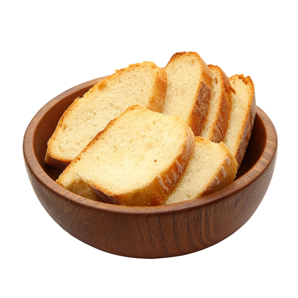 Crispy slices of bread arranged artistically in a wooden bowl on a clean transparent background, perfect for culinary presentations or rustic dining, Crispy Bread in wood bowl on transparent png