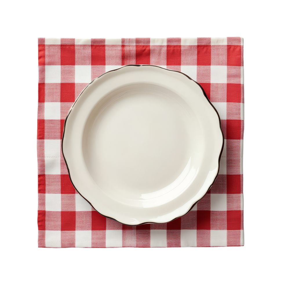 Top view of a classic checkered tablecloth with an empty plate, perfect for a casual dining setting, Top view checkered tablecloth and plate on transparent backgroundfile png