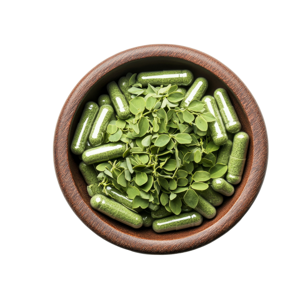 Moringa capsules surrounded by fresh moringa leaves in a wooden bowl on a clean transparent background, Moringa capsules in the bowl on transparent background png
