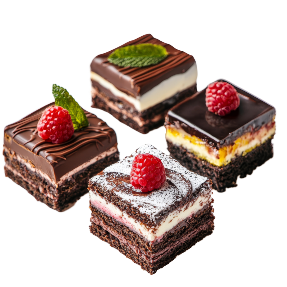 Indulgent chocolate raspberry black forest and lemon cakes arranged beautifully on a transparent plate, Chocolate, Raspberry Chocolate, Black Forest, and Lemon Cakes on transparent background png