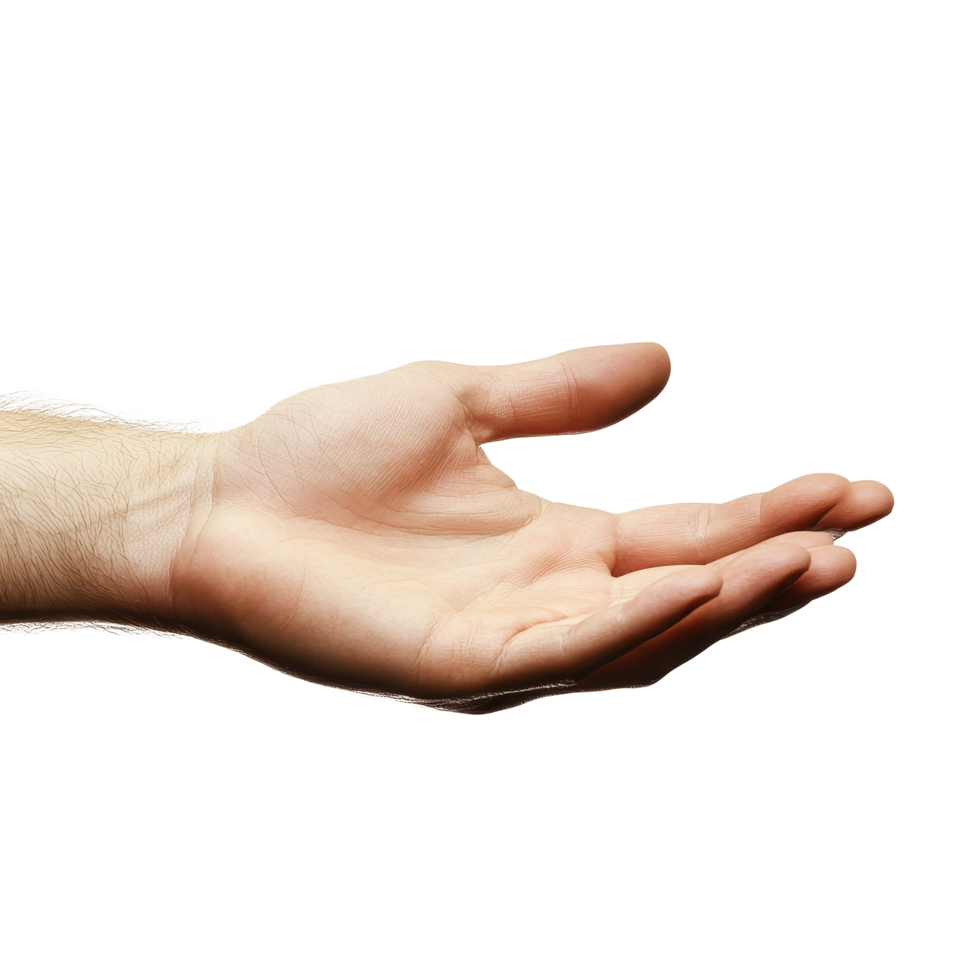 An open hand reaching forward against a plain transparent background in a neutral and inviting gesture, hand on transparent backgroundfile png