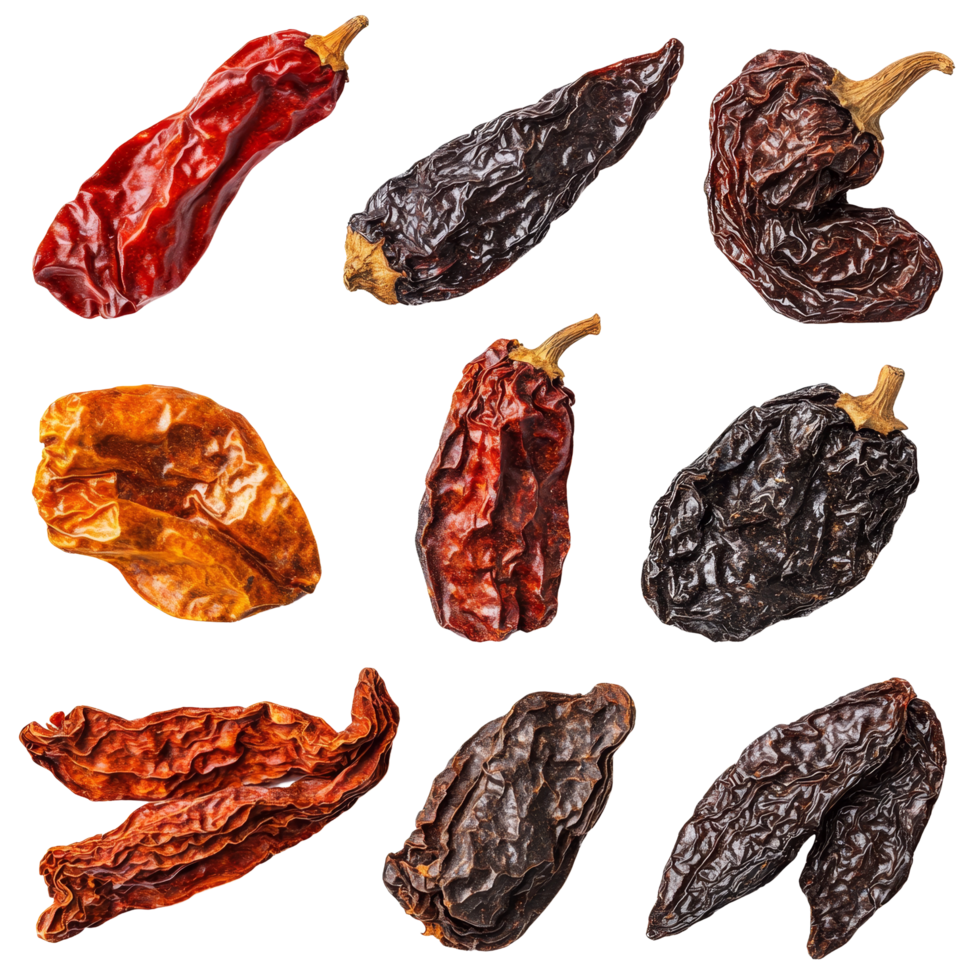 Collection of dried chipotle peppers arranged on a transparent background showcasing their rich colors and textures in natural light, dried chipotle pepper isolated on transparent background png