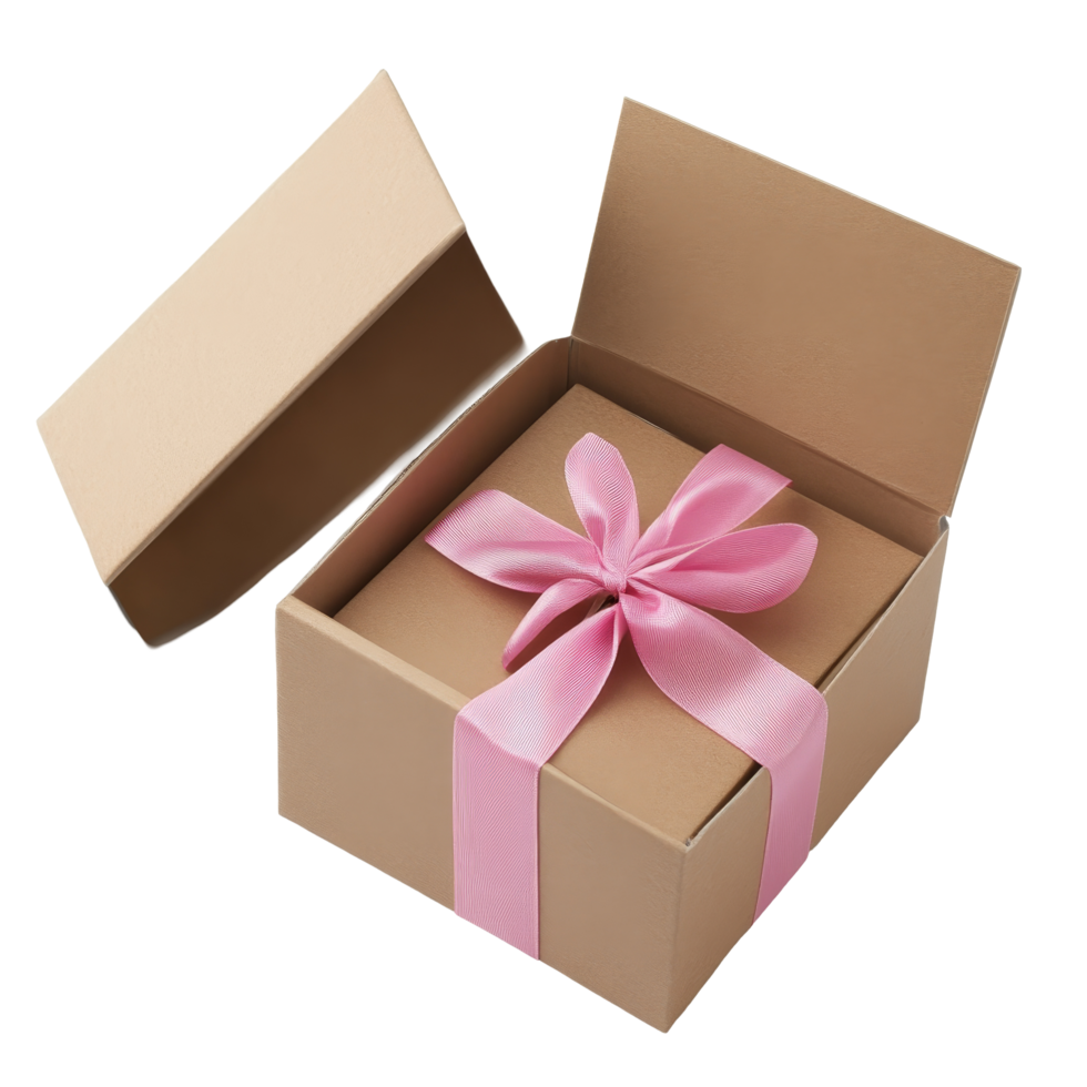 Beautiful brown gift box with a pink ribbon tied neatly for special occasions and celebrations, Brown open gift box with pink bow Stock Photo png