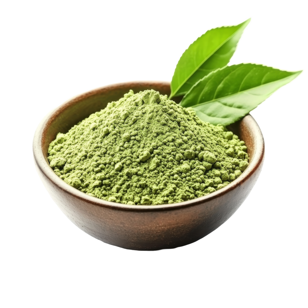 Matcha green tea powder in a bowl with fresh leaves, perfect for ceremonial tea preparation, powdered matcha green tea in bowl and leaf isolated on transparent background png