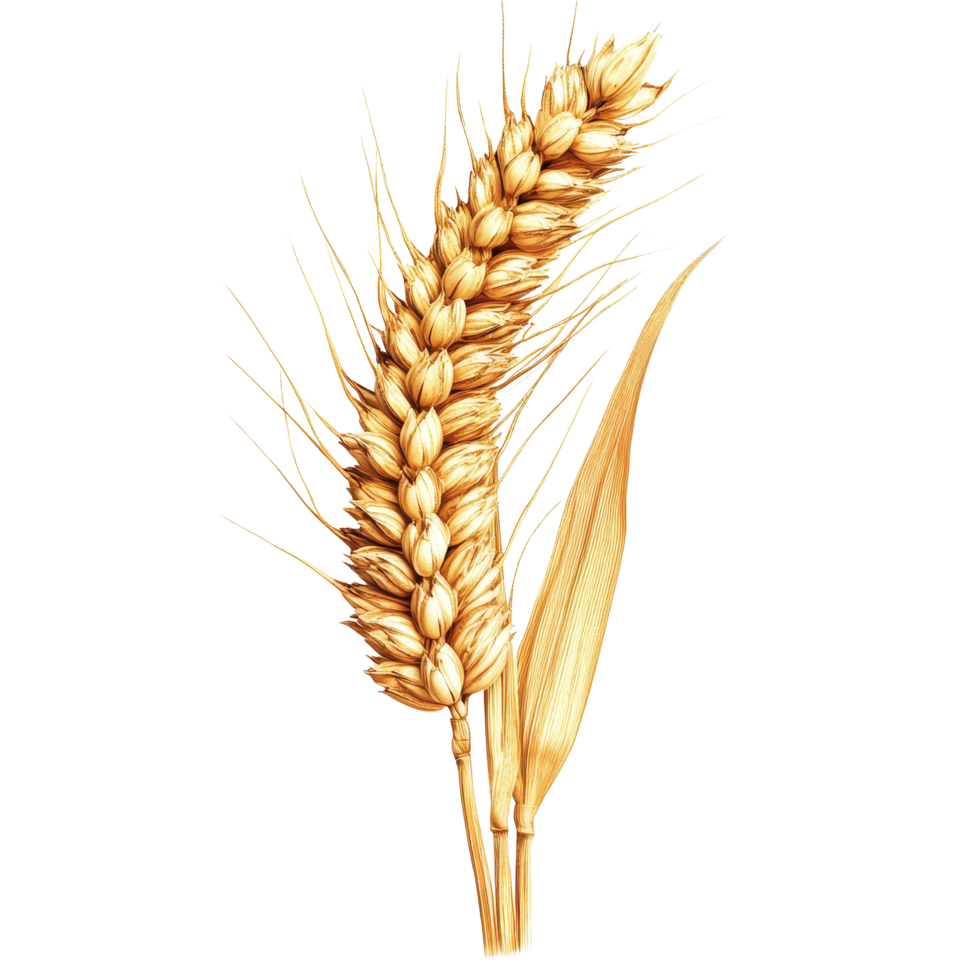 Golden wheat ear isolated on transparent background showcasing intricate details of its structure and natural beauty, Golden Wheat Ear isolated on transparent background png