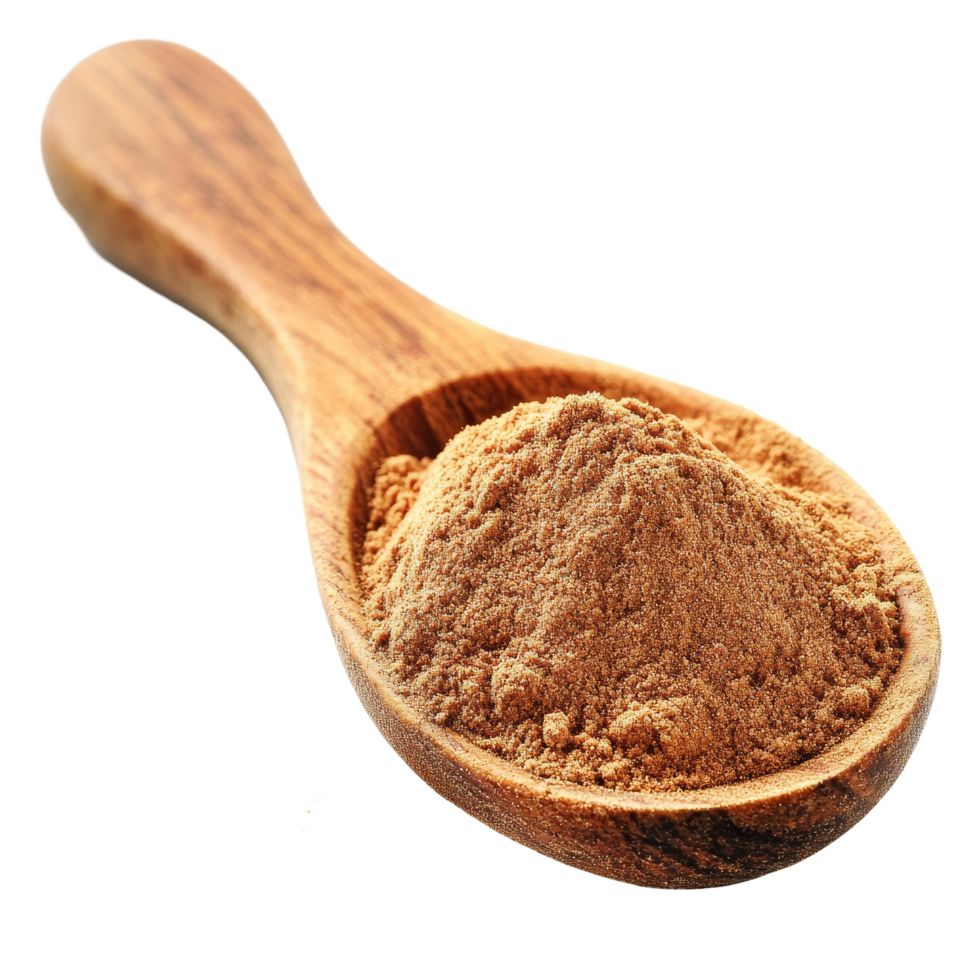 Cinnamon powder heaped in a wooden spoon with cinnamon sticks on a transparent background in a minimalist setting, Cinnamon powder in wood spoon on transparent background png