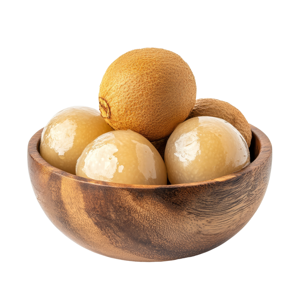 Fresh longan fruit in a wooden bowl on a transparent background capturing the essence of tropical delight, fresh longan in wood bowl isolated on transparent background png