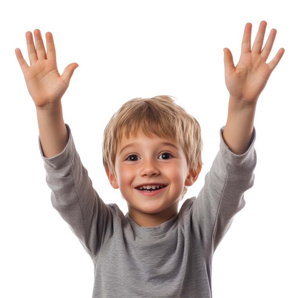 A young boy enthusiastically raises his hands, expressing joy and excitement in a bright setting, Boy Student Raising Hands on transparent background png