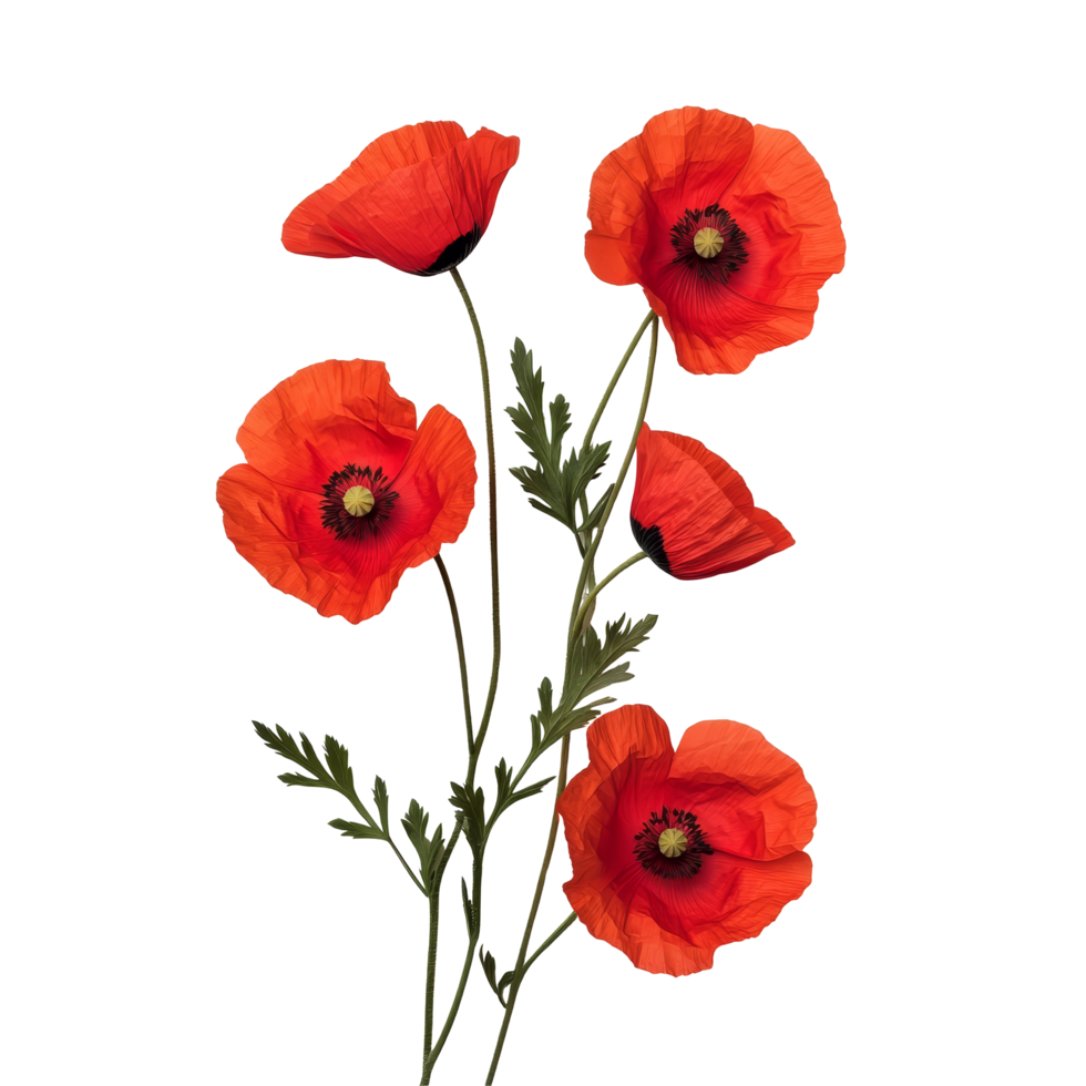 Bright red poppy flowers with green leaves isolated on a transparent background creating a vibrant floral display, poppy flowers isolated on transparent background png