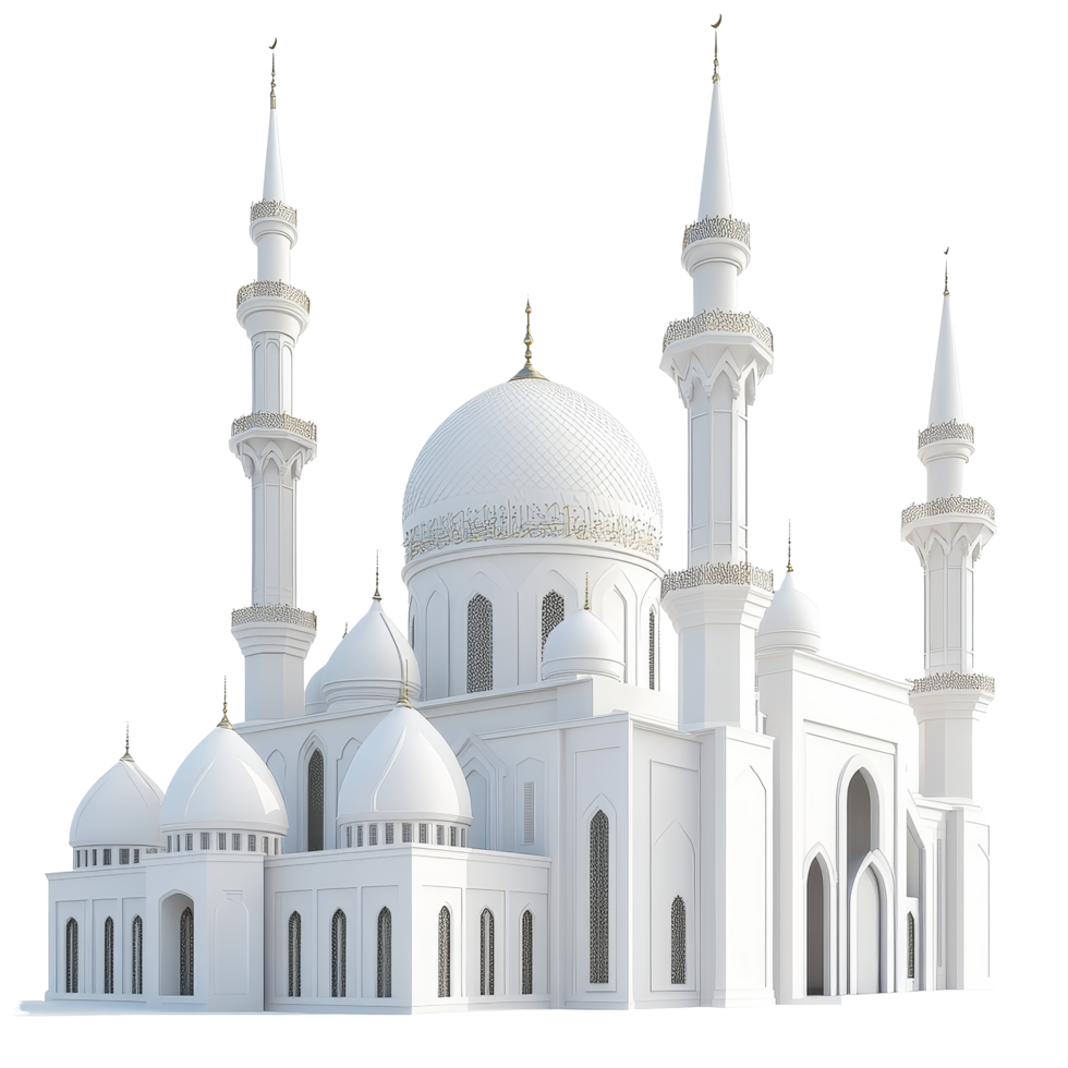 Rendered transparent mosque featuring domes and minarets on a minimalist background, 3D Rendered Mosques on transparent background png