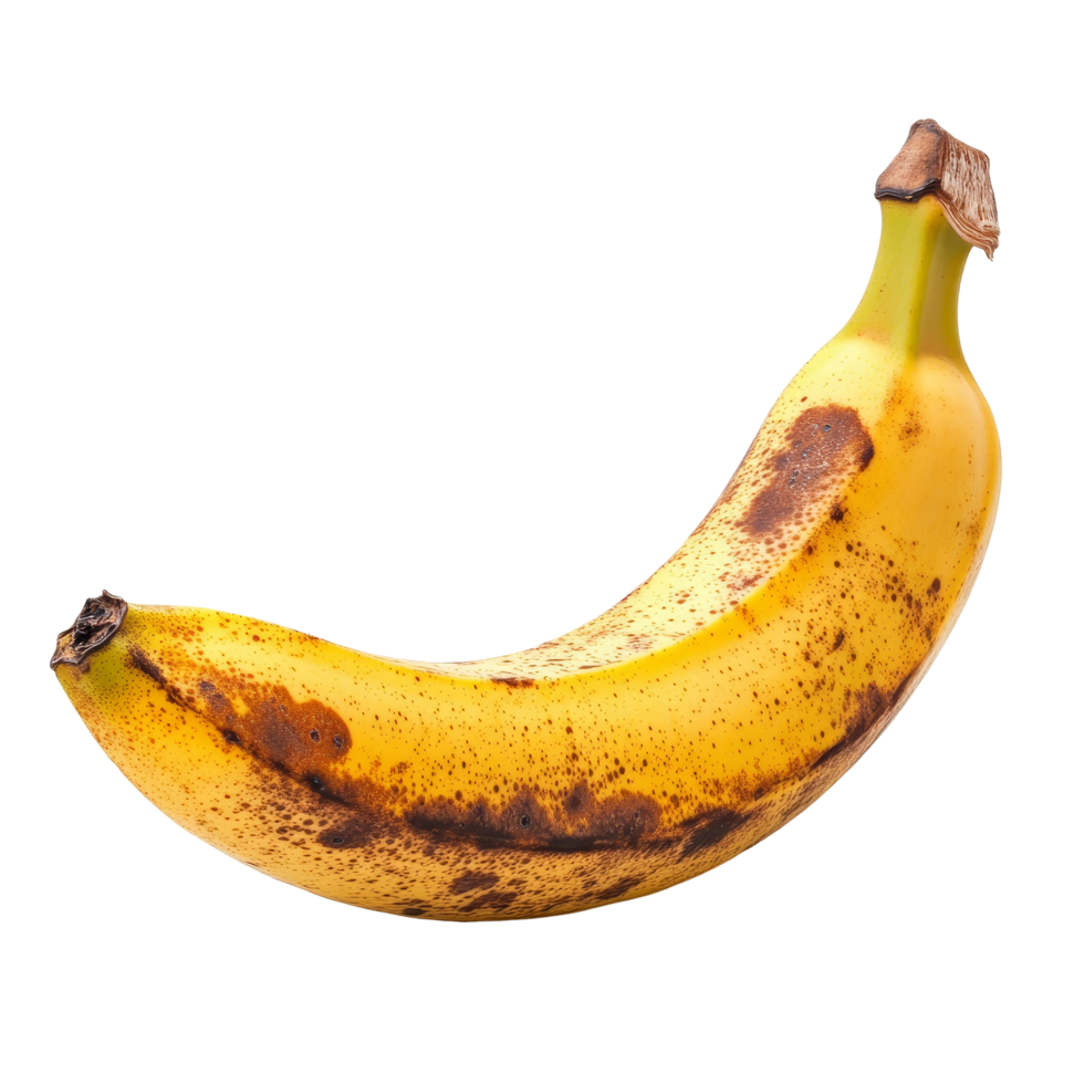 Ripe banana on transparent, highlighting its vibrant yellow color and fresh speckles, Ripe banana isolated on transparent background png