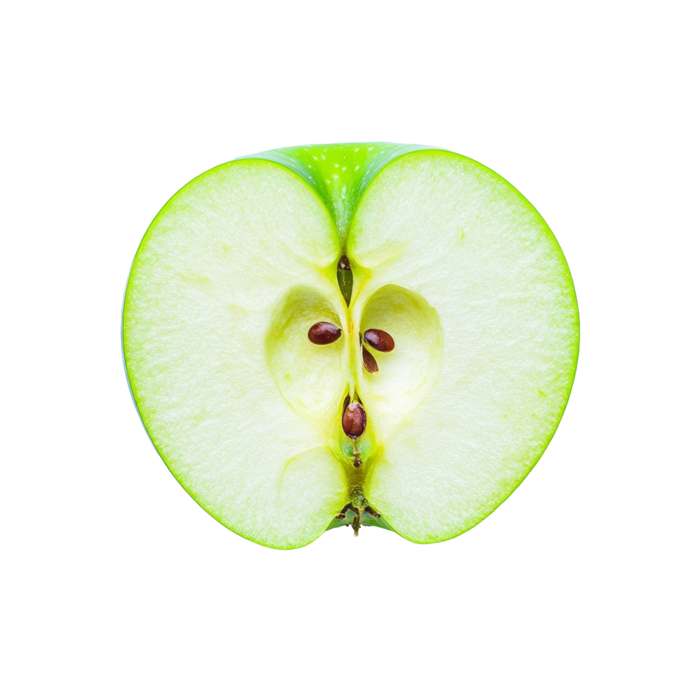 Freshly sliced green apple halves displaying juicy flesh and seeds on a clean transparent background, slice green apple on transparent background png