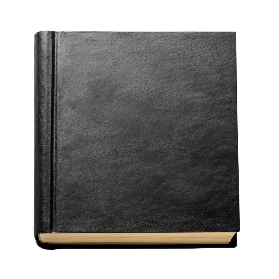 A blank square book rests on a smooth transparent surface with a textured black cover, blank square book at black textured paper on transparent backgroundfile png