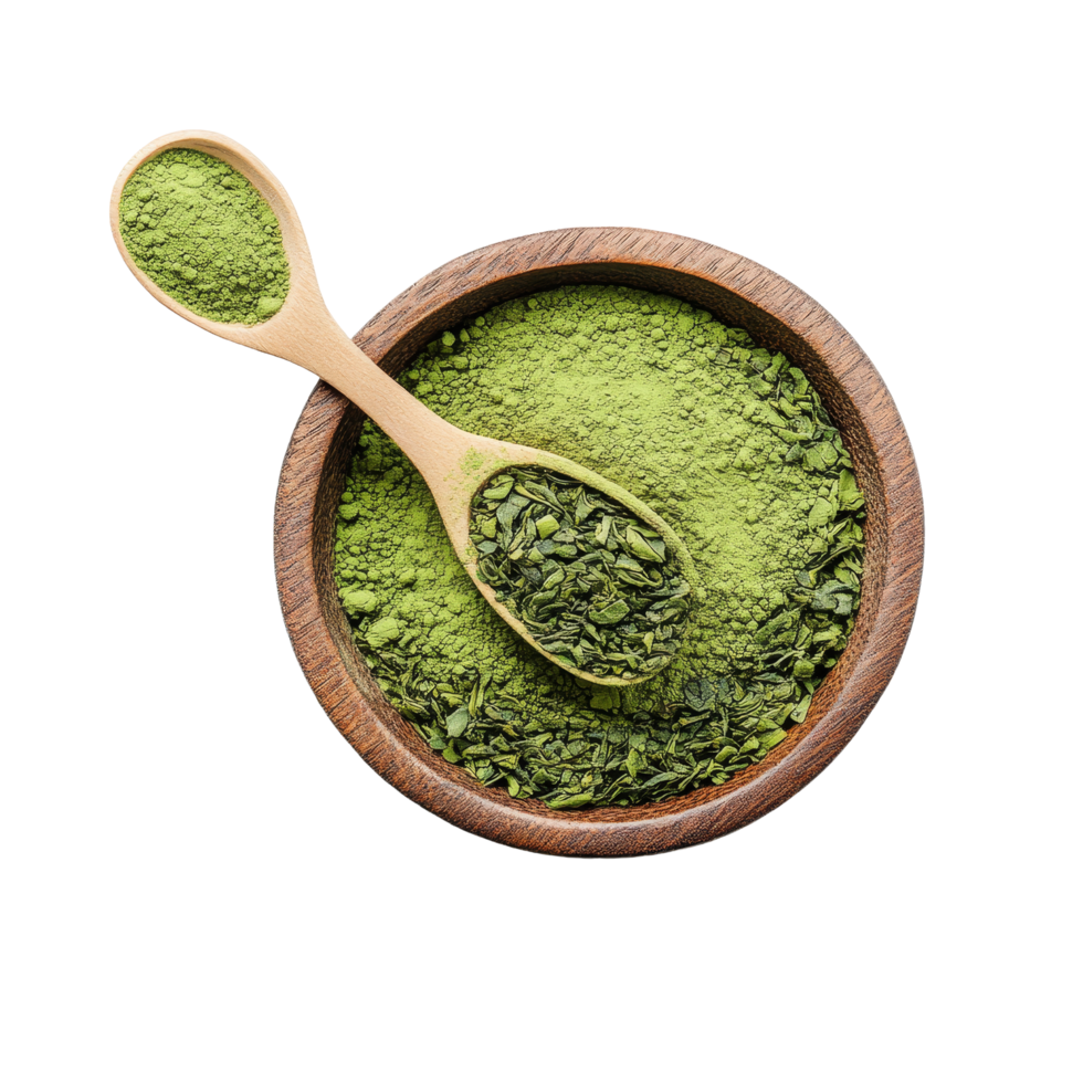 Matcha green tea leaves and powder in a wooden bowl with green tea leaves on a transparent background, Matcha green tea in wood bowl tea leaves on transparent background png