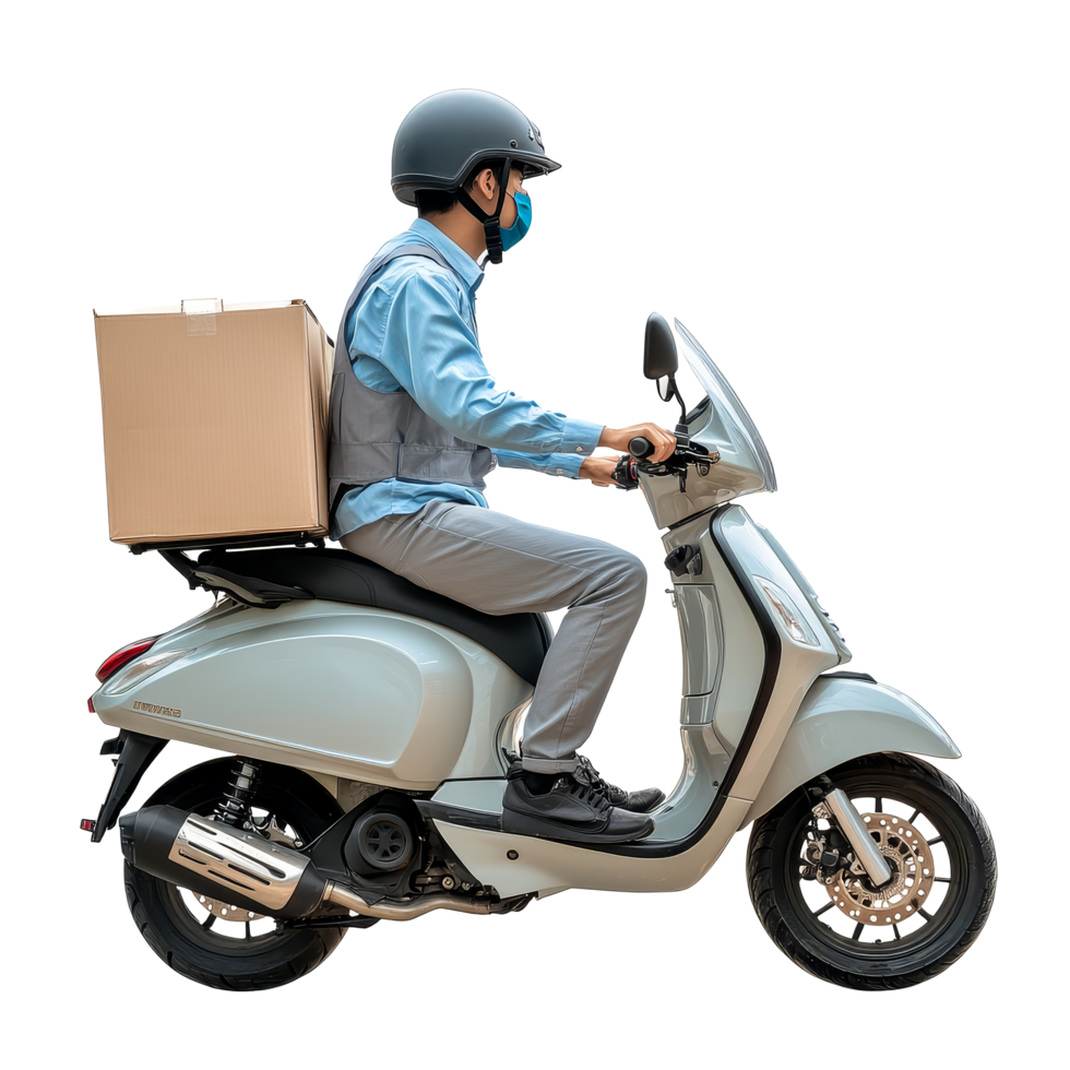 A delivery man riding a scooter with a package against a simple transparent background, a delivery man on his scooter on transparent background png