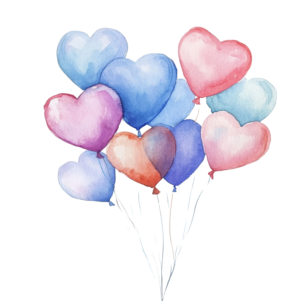 Beautiful watercolor heart balloons floating lightly against a bright transparent background, evoking joy and celebration, Watercolor Heart Balloons Floating on transparent background png