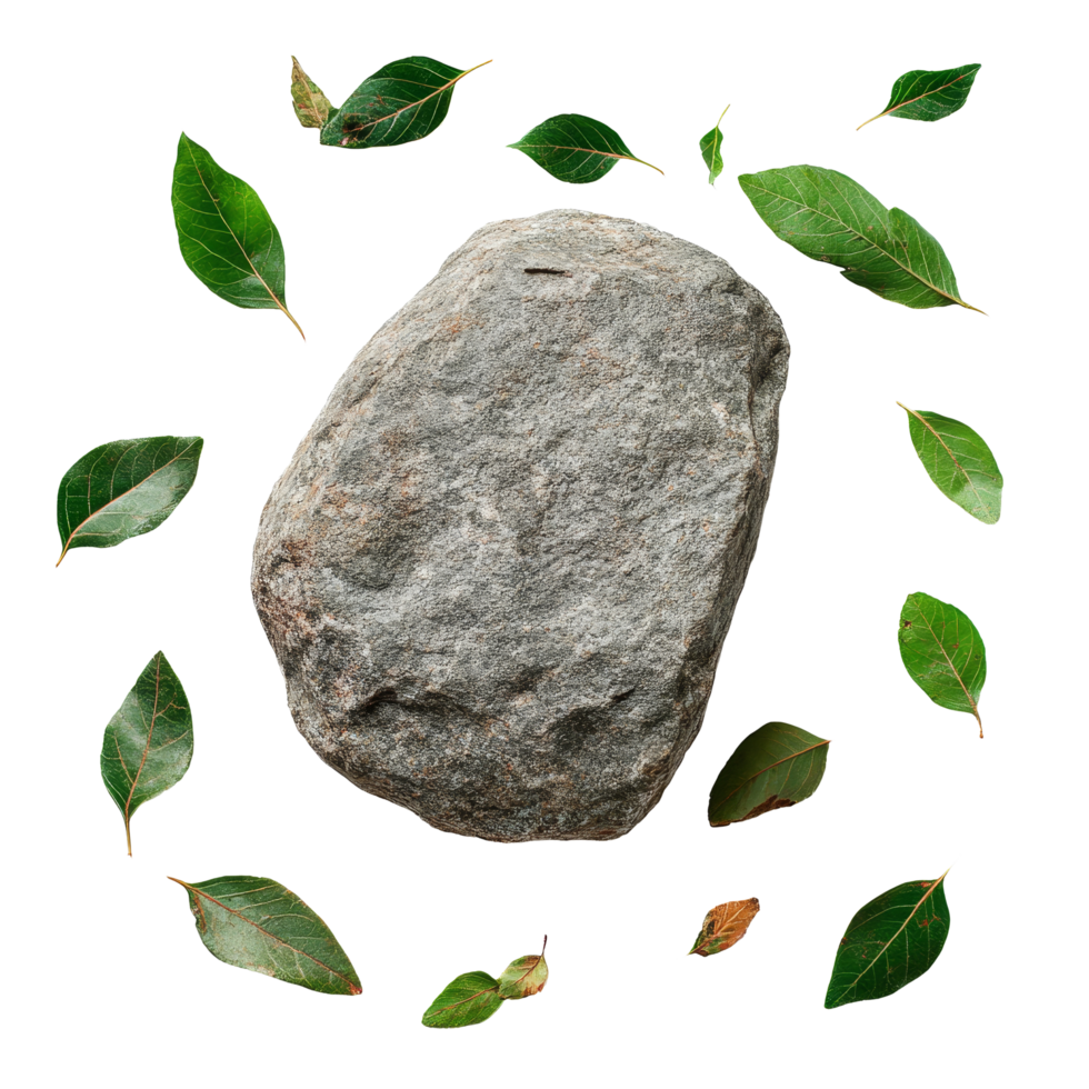 A rock stone surrounded by vibrant green leaves on a clean transparent surface, highlighting natural elements in isolation, Rock Stone Surrounded by Leaves, file of isolated object png