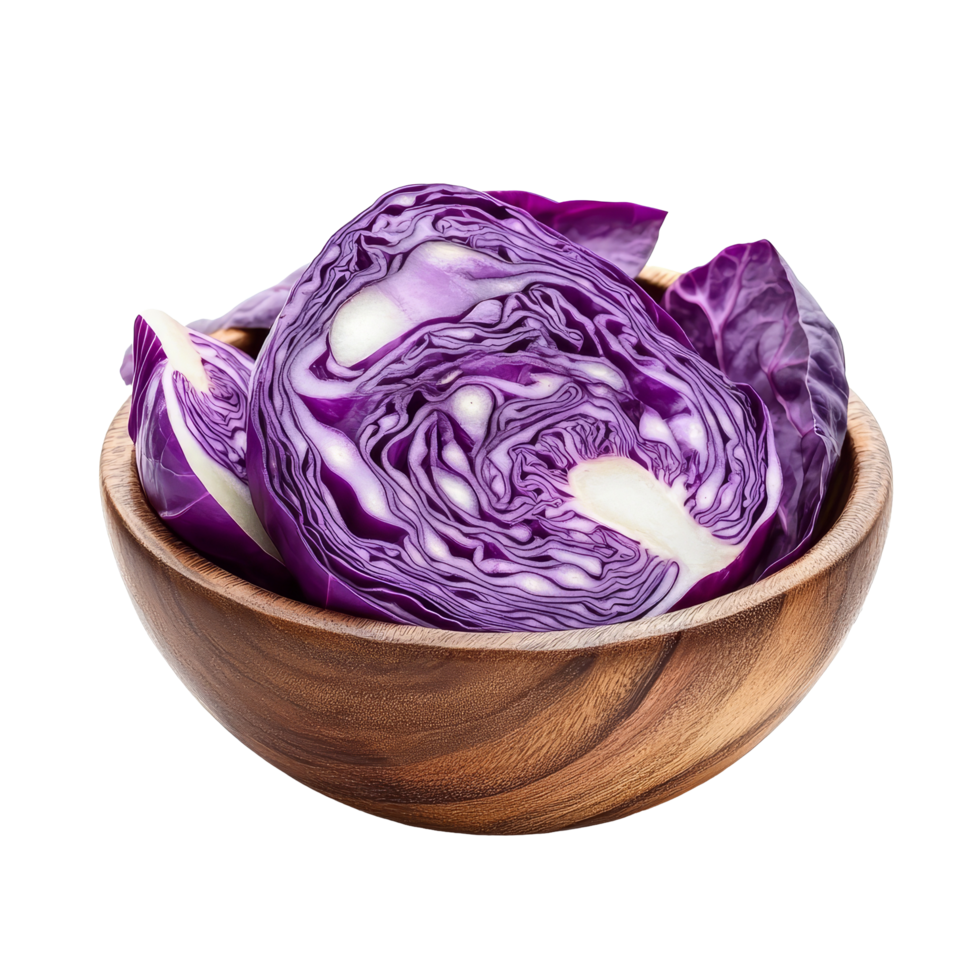 Freshly sliced purple cabbage in a wooden bowl on a clean transparent surface ready for culinary use, slice purple cabbage in wood bowl isolated on transparent background png
