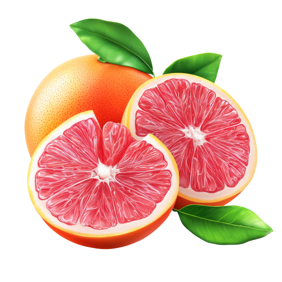 Fresh grapefruit with vibrant pink flesh and green leaves on a clean transparent background, dark grape fruits with leaves isolated on transparent background png