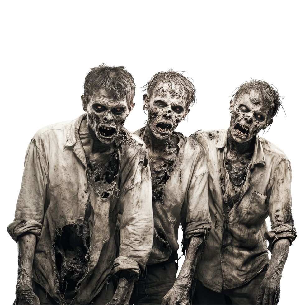 Terrifying group of zombies emerge with grotesque features against a stark transparent background, Scary zombies on transparent background png