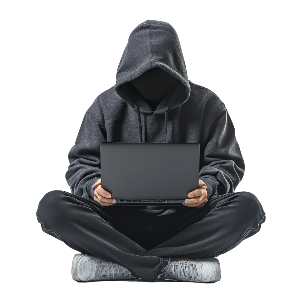 Hooded individual working on laptop in a minimalistic setting focused on technology and cybersecurity, Hooded Hacker with Laptop on transparent background png