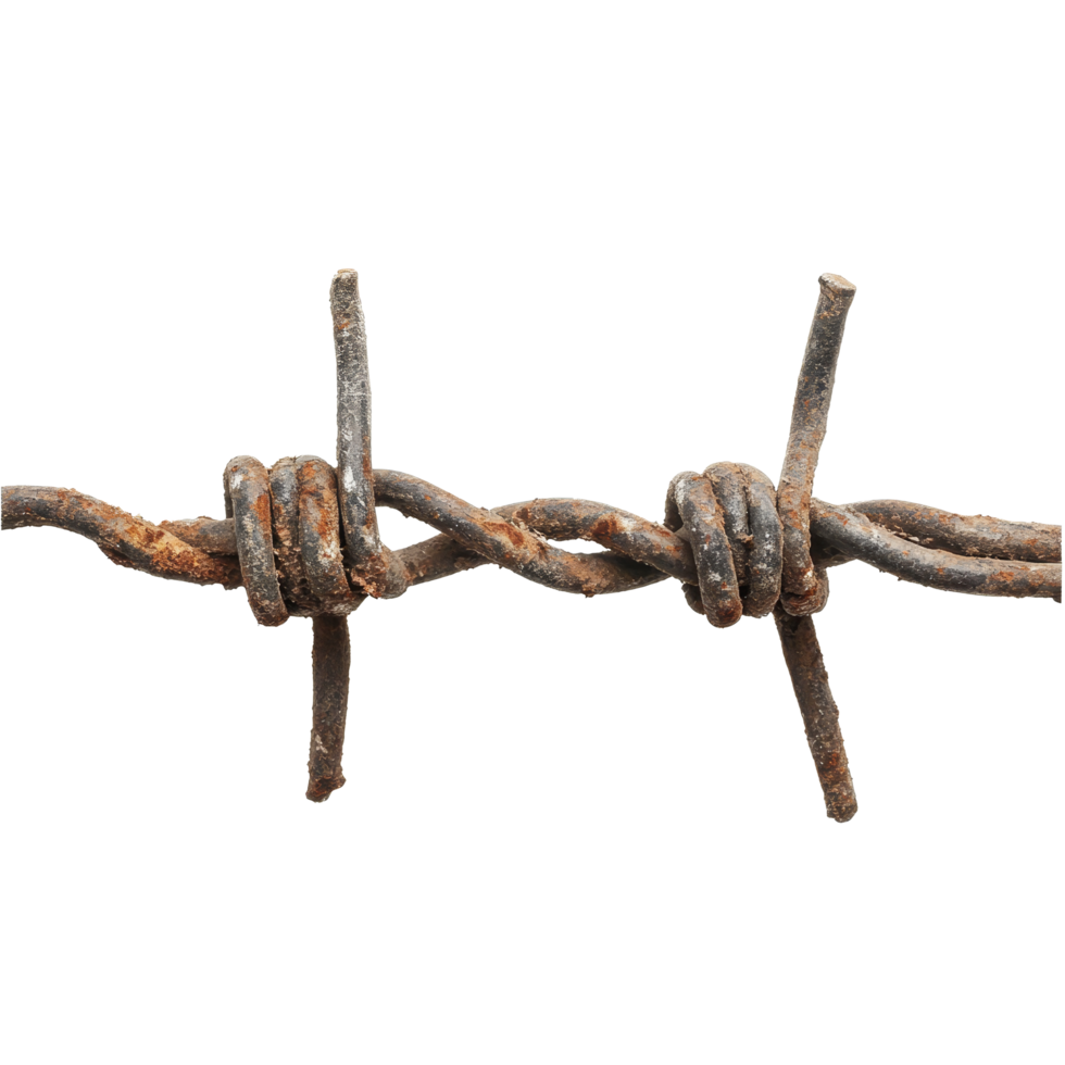 Isolated rusted barbed wire with sharp points against a clean transparent background conveying confinement and barriers, Isolated Barbed Wire on transparent background png