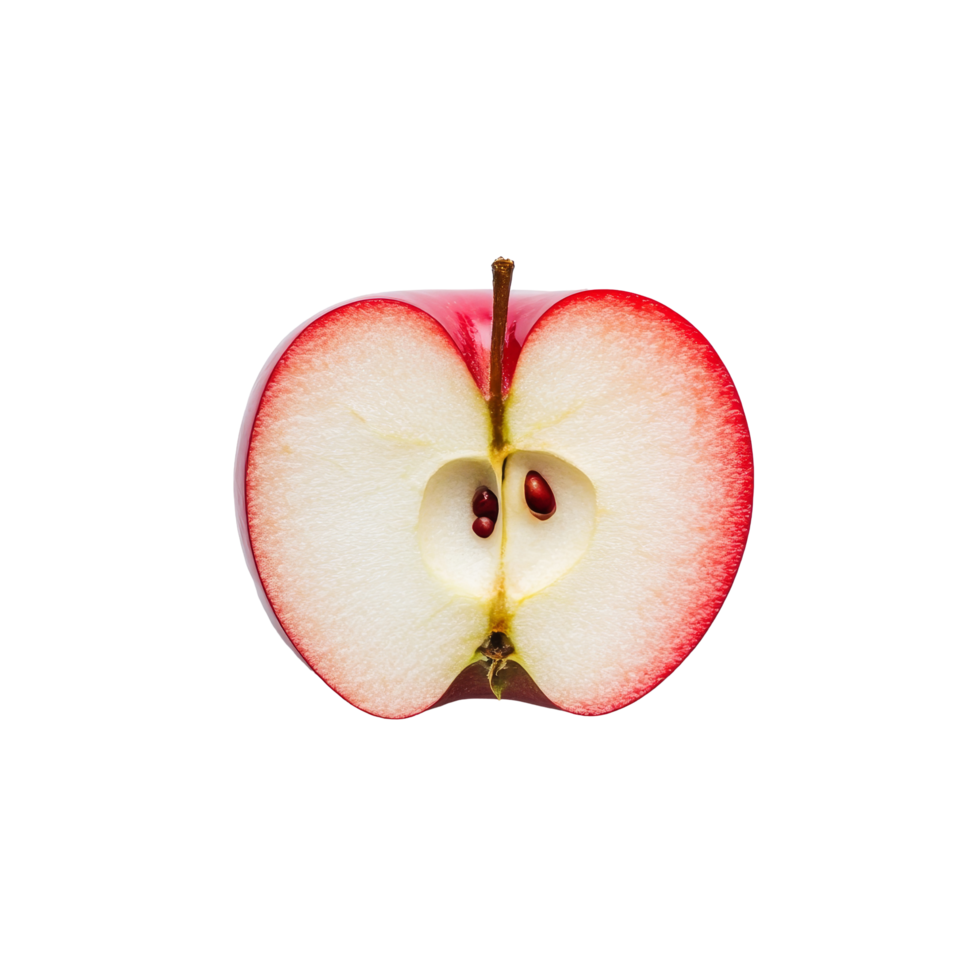 Freshly sliced red apple showing its juicy interior and seeds on a clean transparent surface for healthy eating, slice of red apple png