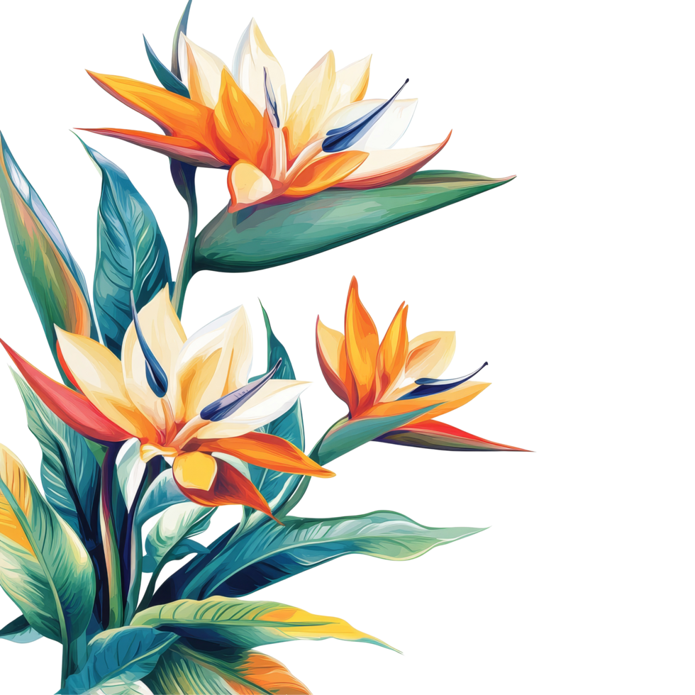 Vibrant bird of paradise flowers in transparent hues on a clean transparent background, bird of paradise flowers floral isolated transparent background png