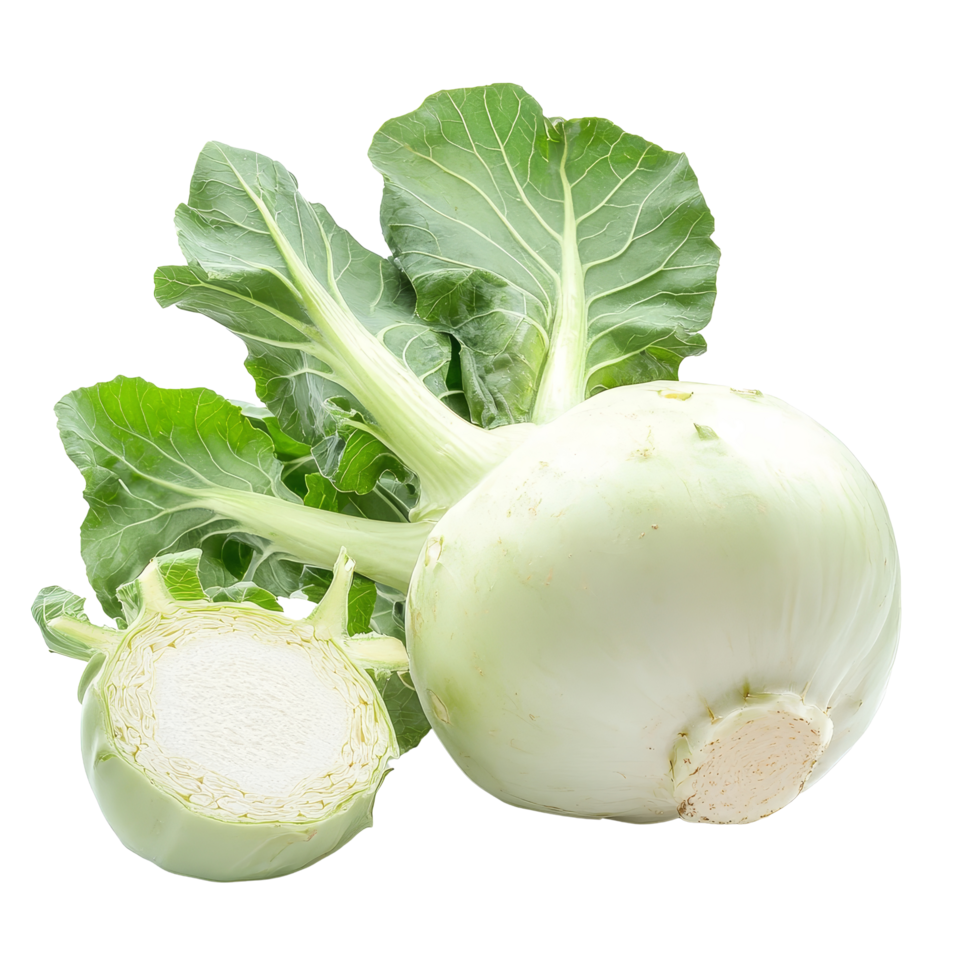 Fresh kohlrabi with green leaves on a clean transparent background, showcasing its vivid color and unique shape, Fresh kohlrabi vegetable on a transparent background png