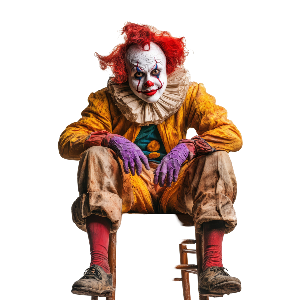 Scary clown in a tattered costume sits menacingly on a chair against a stark transparent background, Scary clown sitting on a chair isolated on transparent background png