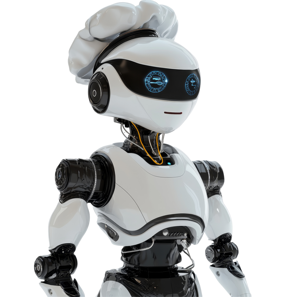 A futuristic robot chef wearing a hat stands against a plain transparent background while preparing to serve food, Robot Waiter or Chef Cook On transparent background png