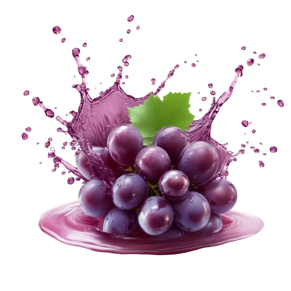 Fresh grape juice splashes dramatically from dark purple grapes on a clean transparent background, Fresh grape juice splash on transparent background png