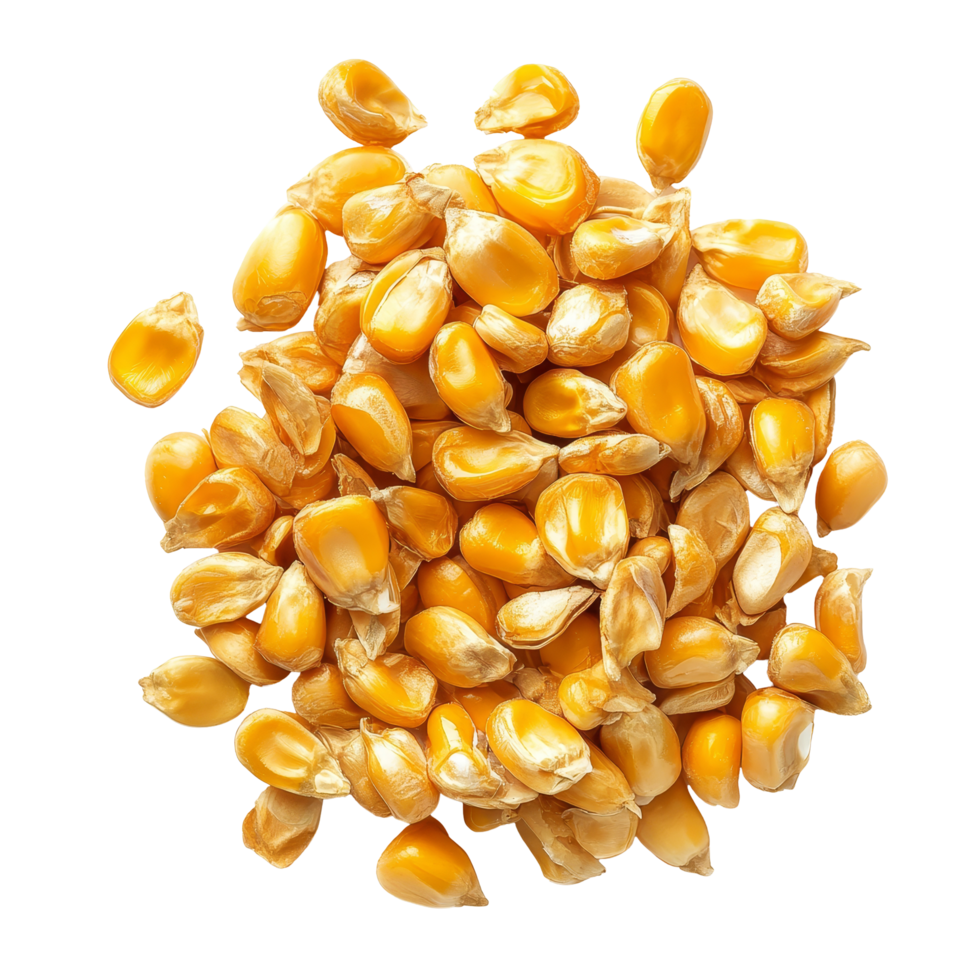 A collection of corn seeds isolated on a transparent background showcasing their vibrant yellow color and unique textures, Corn seedsisolated on transparent background png