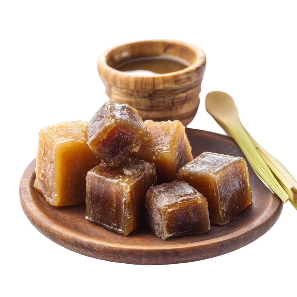 Delicious sugarcane hard molasses and jaggery served on a wooden plate with a cup and spoon on a transparent background, Sugarcane Hard Molasses or Jaggery transparent background png
