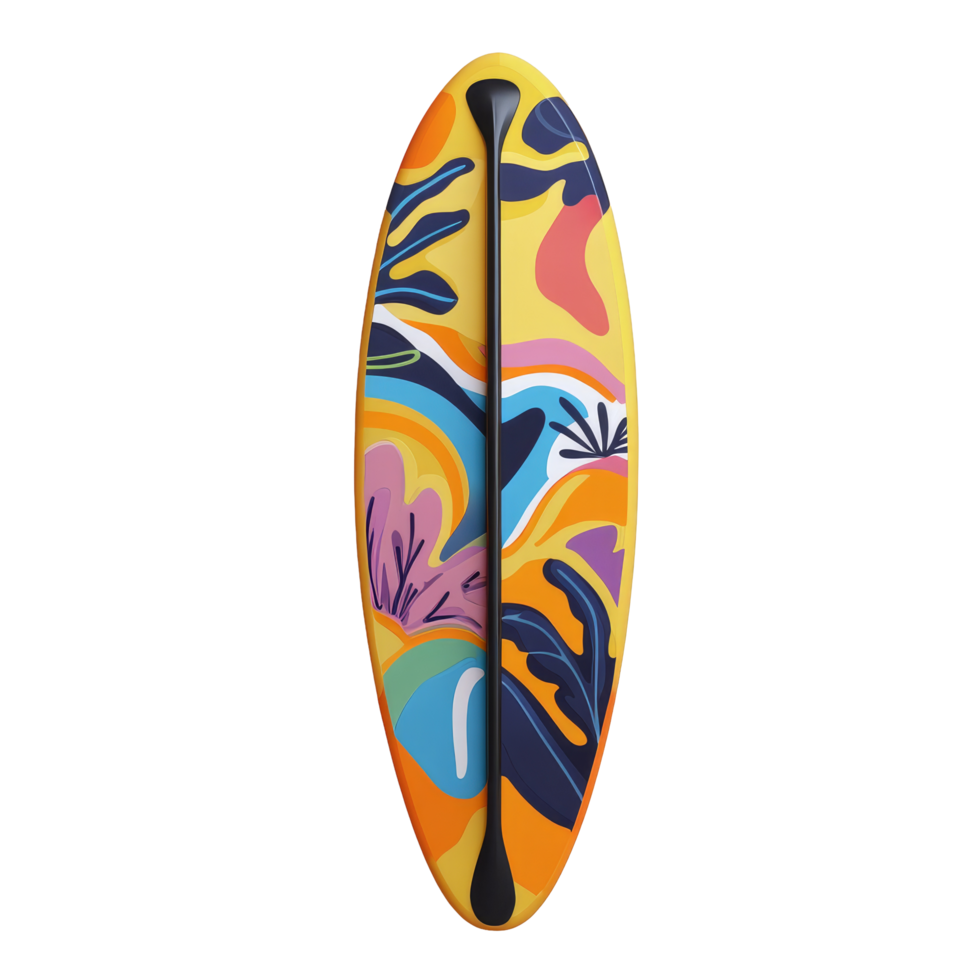 Colorful paddle board with abstract design isolated on a transparent background showcasing vibrant hues for water activities, Colorful paddle board isolated on transparent background png