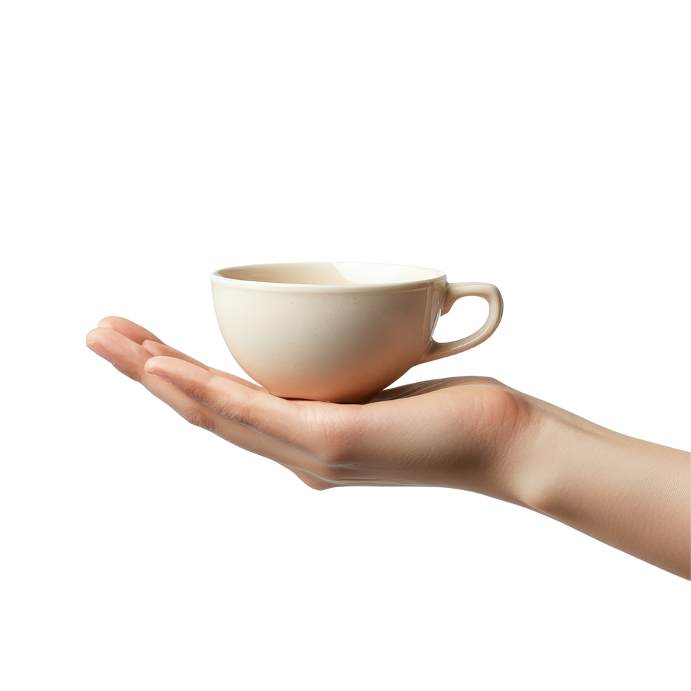 A hand demonstrates a gentle gesture while holding an empty coffee cup against a plain background, Hand palm stretching out, cup shape, showing gesture, isolated on transparent background, transparent png