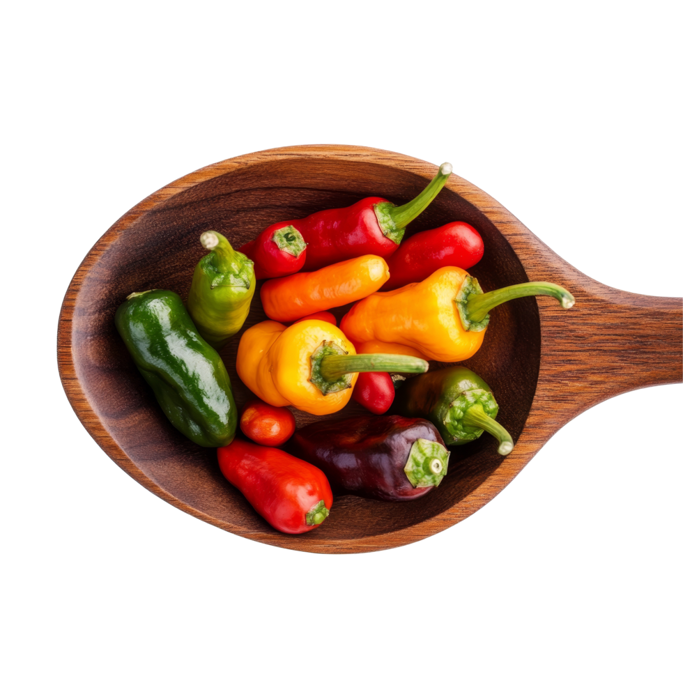 A vibrant selection of mixed peppers arranged in a wooden spoon on a transparent background, Mixed of peppers in wood spoon isolated on transparent background png