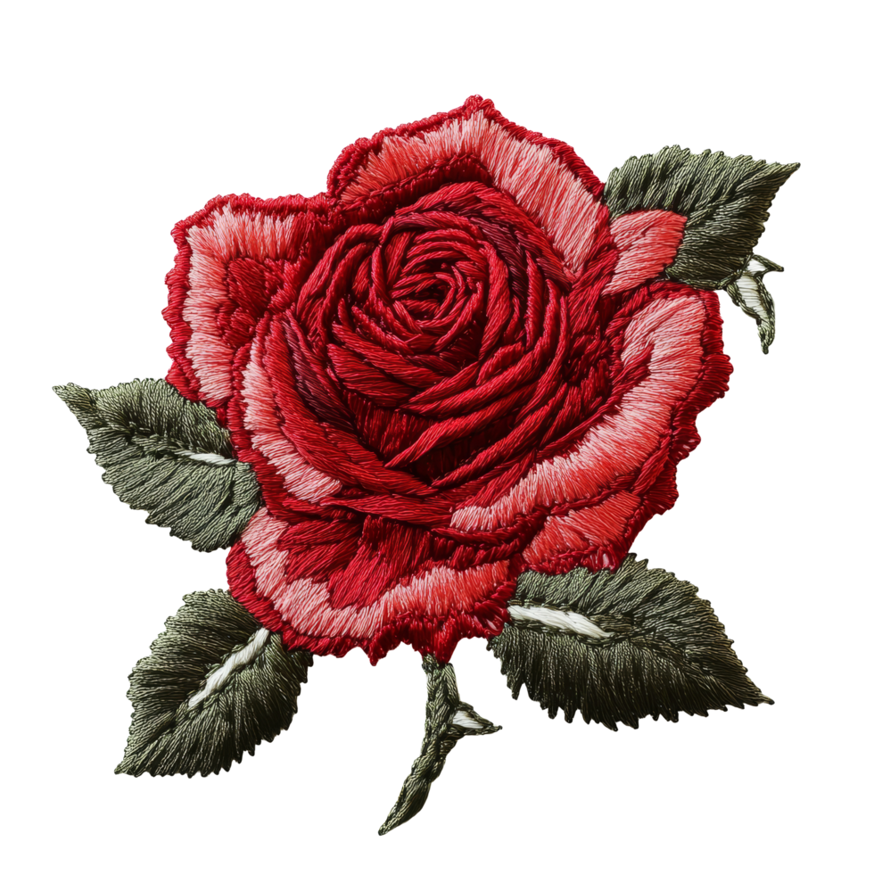 Beautiful red rose embroidery on a crisp transparent background showcasing detailed craftsmanship and design, Embroidery rose flower on a transparent background png
