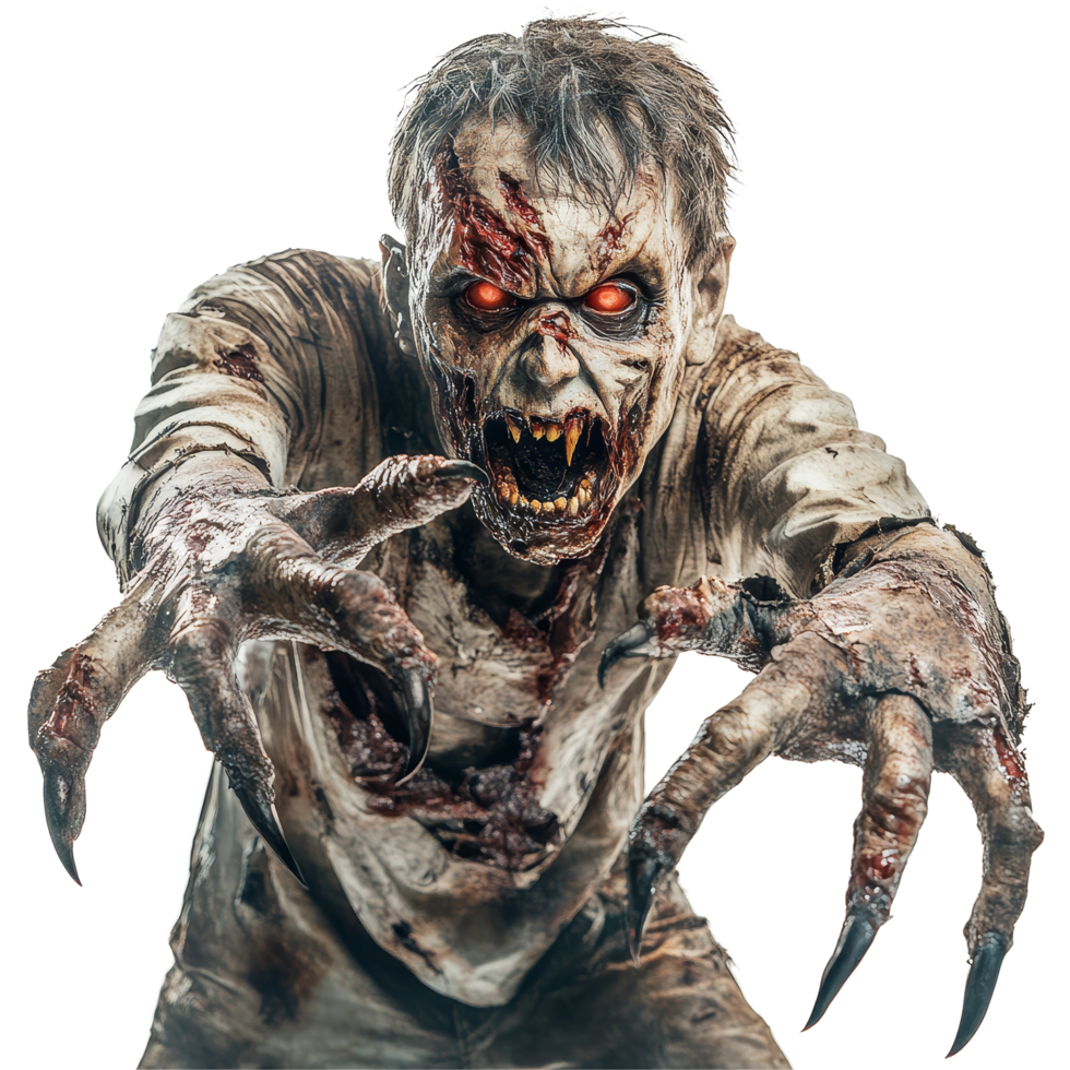 A terrifying zombie with elongated claws and glowing eyes reaches out against a stark transparent background, Scary Zombie with Claws on transparent background png
