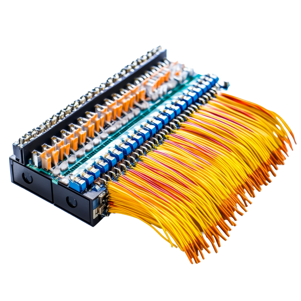 Detailed view of an attenuator fiber with colorful connectors on a clean transparent background, attenuator fiber on transparent background png