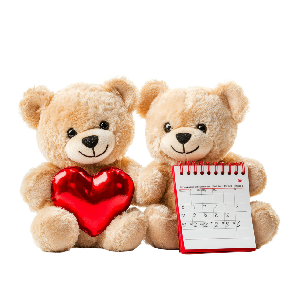 Valentines Day teddy bears holding a heart and calendar to celebrate love and companionship, Valentines Day Teddy Bears with Heart and Calendar On transparent background png