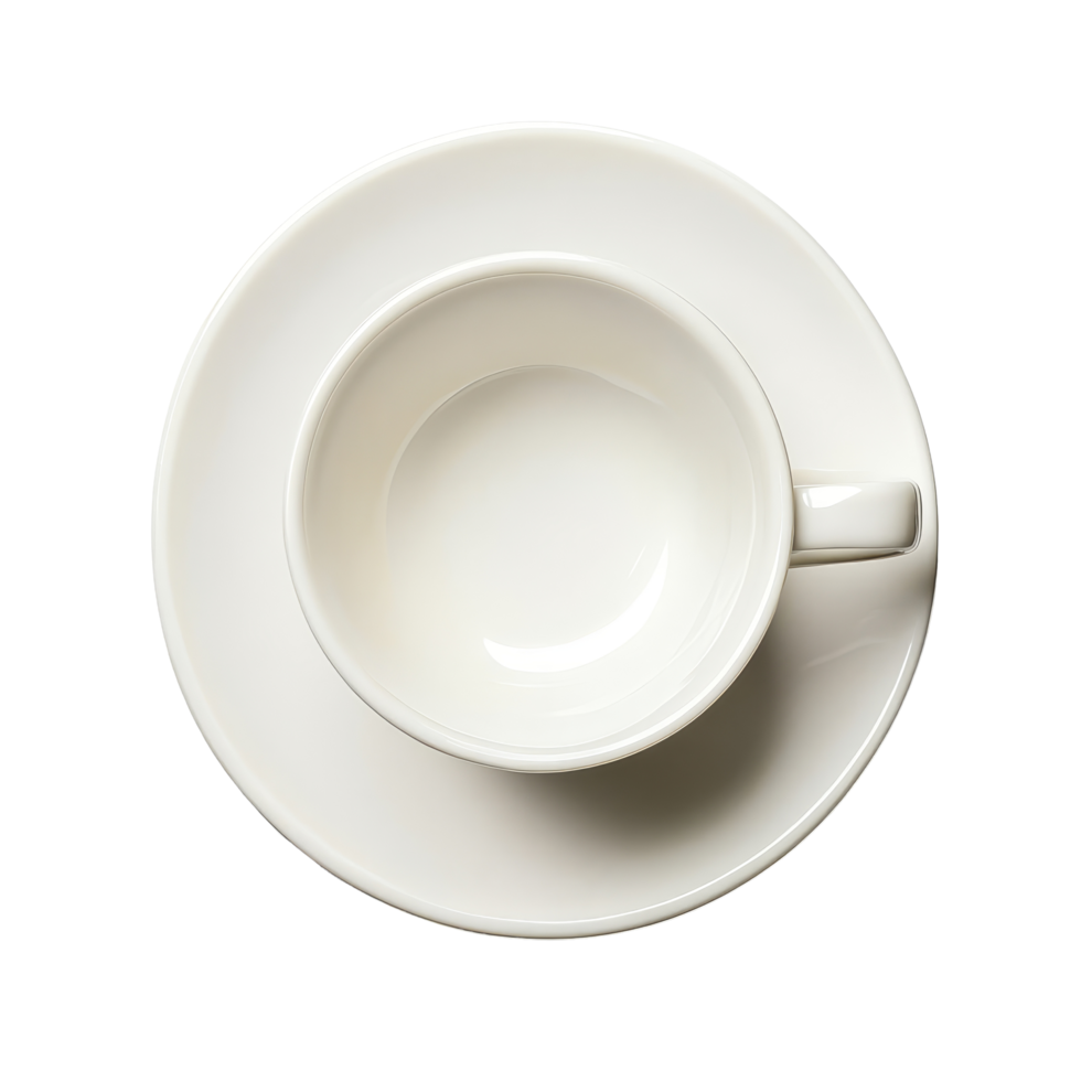 Elegant top view of a pristine empty porcelain cup with a saucer isolated on a clean background, Top view of empty porcelain cup with saucer isolated on transparent background png