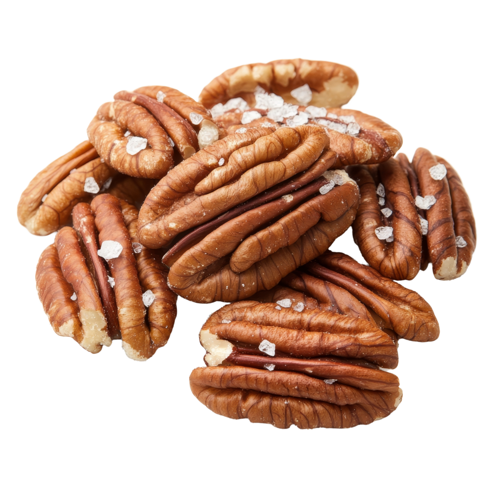 Natural salted pecan nuts piled together and isolated on a clean transparent background for a fresh and simple snack idea, Pecan nuts topped with light salt isolated on transparent background png