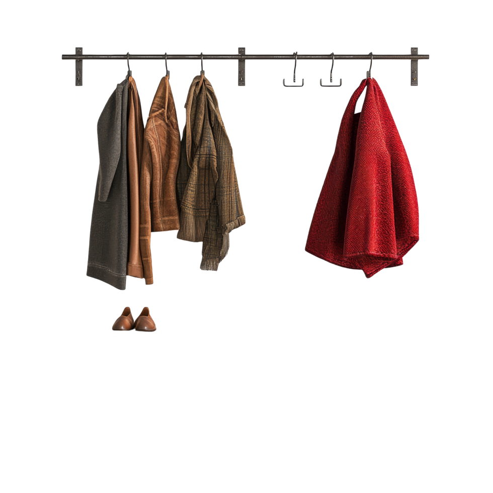 Coat rack with bench and rug displayed against a transparent background showcasing an organized entryway setup, Coat rack with bench and rug isolated on transparent background png