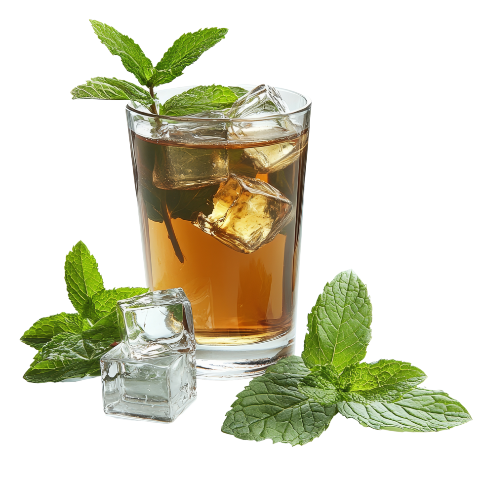 Refreshing mint tea served chilled with ice cubes and fresh mint leaves for a perfect summer drink, mint tea with ice cubes and mint png