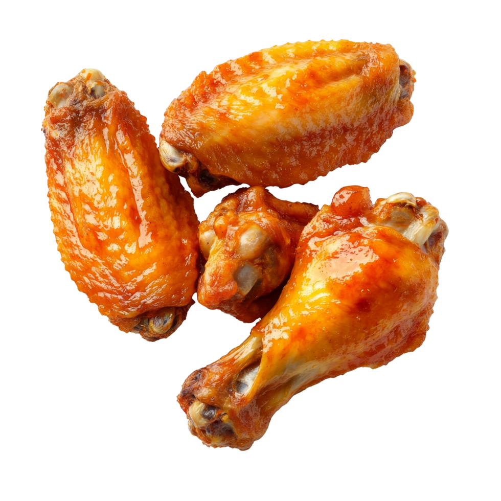 Crispy and juicy isolated chicken wings placed on a clean transparent background for culinary presentations, Isolated chicken wings on transparent png