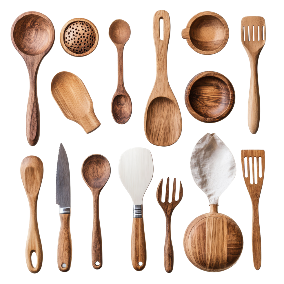 A detailed collection of isolated wooden cookware tools arranged artistically for culinary enthusiasts, Isolated wooden cookware tools collage png