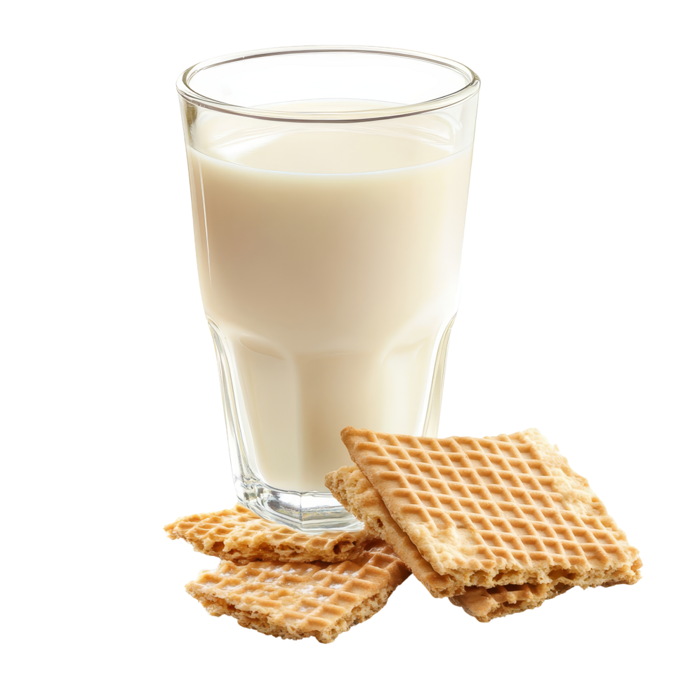 A refreshing glass of fresh milk accompanied by delicious wafer dessert on a transparent background, fresh milk in the glass and wafer dessert on transparent background png